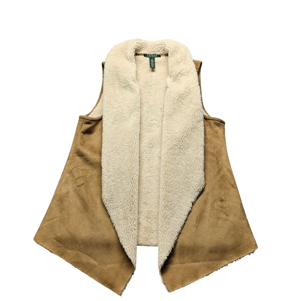 Lauren Ralph Lauren Faux Suede Shearling Vest Womens Size M Brown Tan Open Front